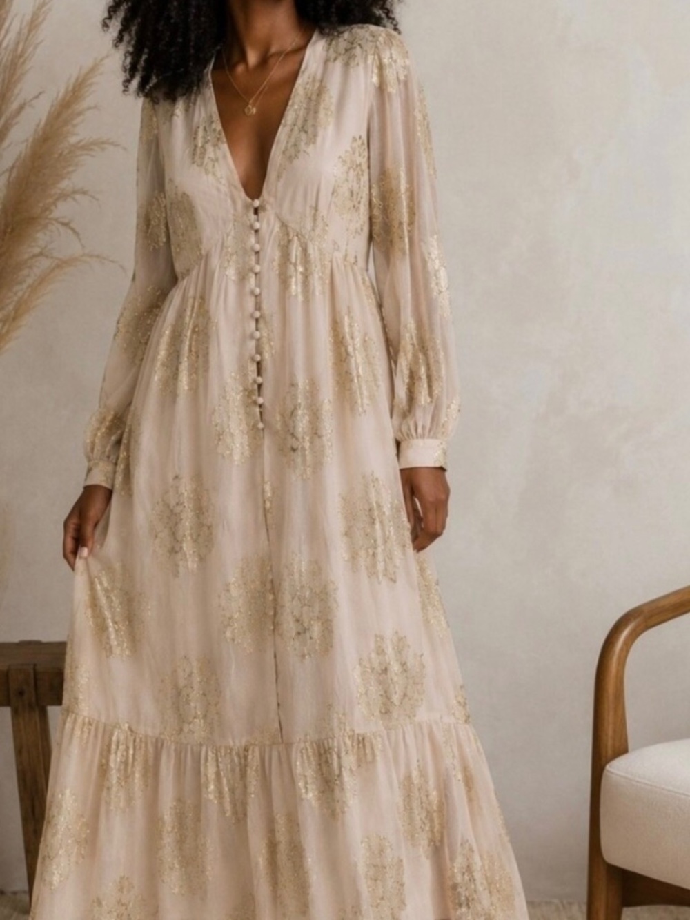 ASOS Cream Metallic Gold Burnout Floral Tea Maxi Boho Coquette Dress Size 12